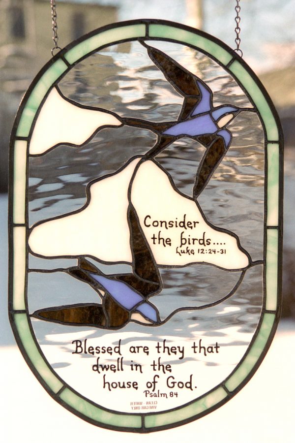 Blue Swallows Stained Glass with Scripture