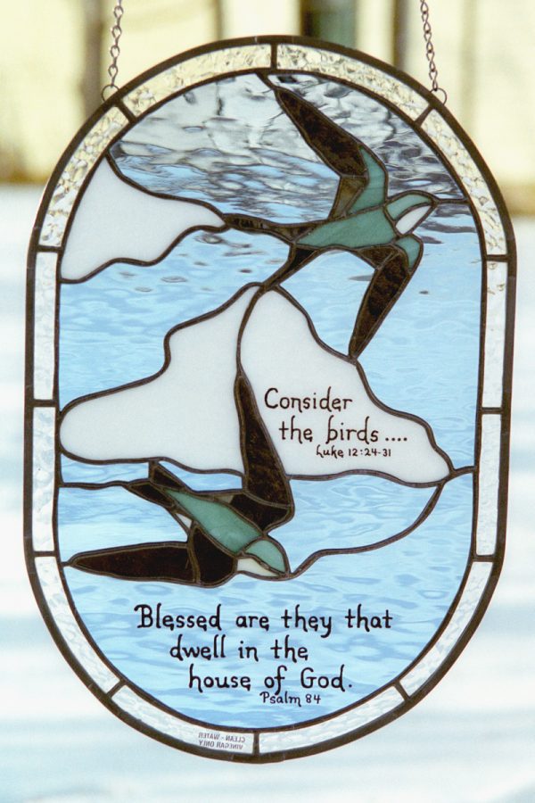 Green Swallows Stained Glass with Scripture