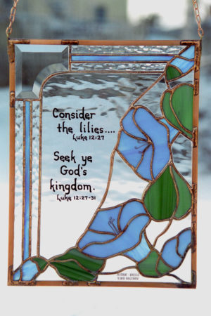 Bible verse stained glass with blue flowers