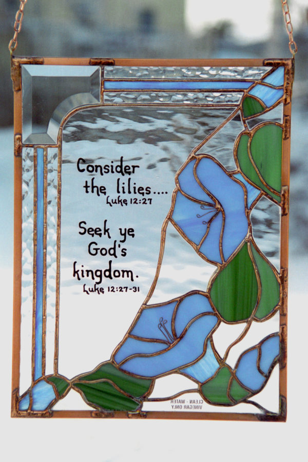 Bible verse stained glass with blue flowers