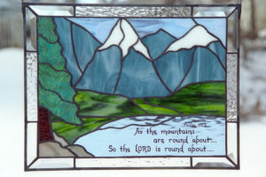 Bible Verse Stained Glass with Mountains