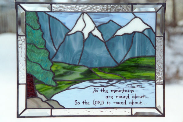 Bible Verse Stained Glass with Mountains