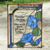 Stained glass with morning glories and bible scripture