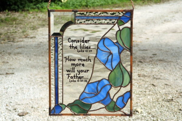 Stained glass with morning glories and bible scripture