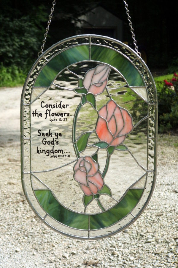 Bible verse stained glass with pink rose